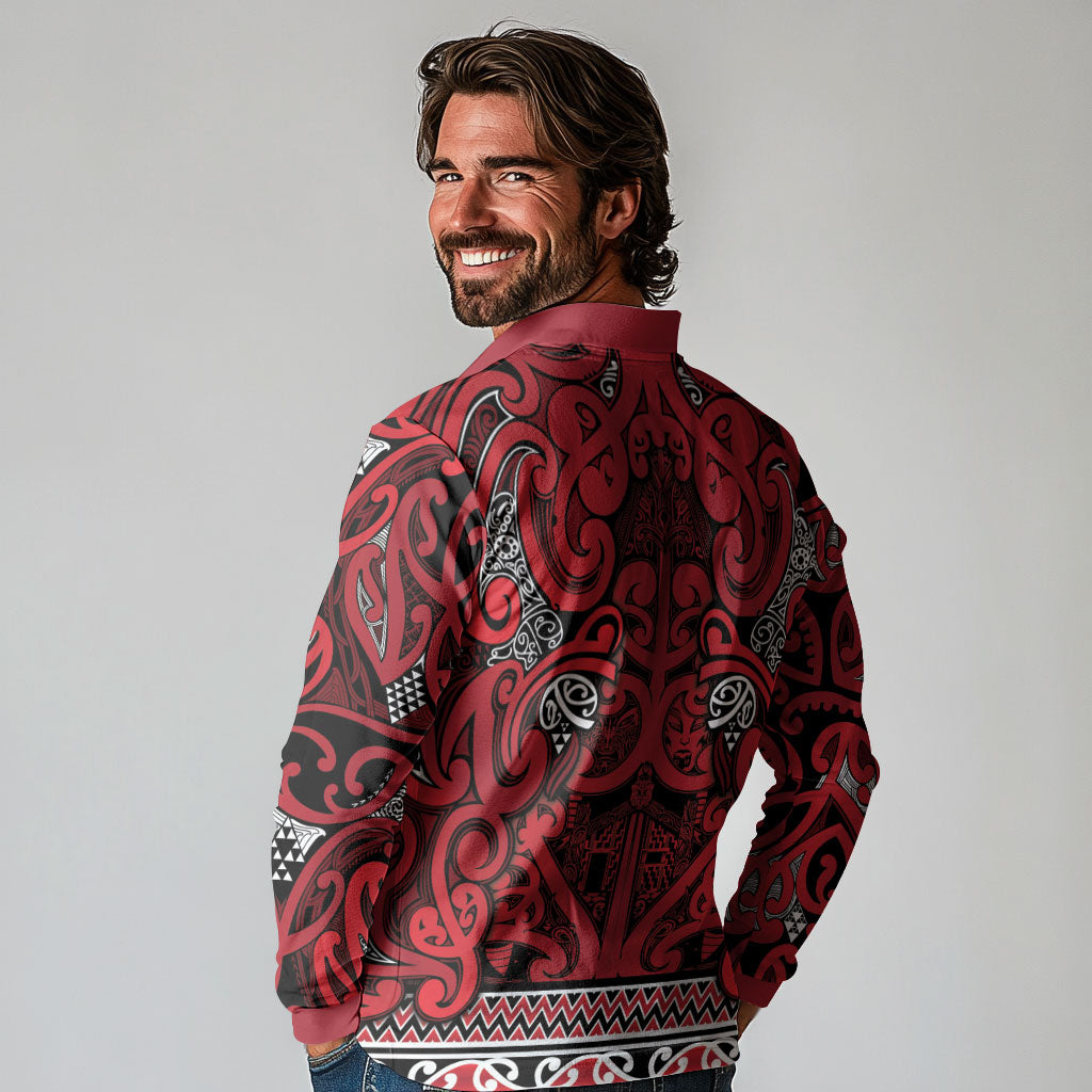 Aotearoa Iwi Ngati Kahungunu Long Sleeve Polo Shirt Maori Wharenui House Tribal Pattern