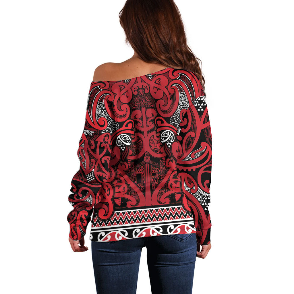 Aotearoa Iwi Ngati Kahungunu Off Shoulder Sweater Maori Wharenui House Tribal Pattern