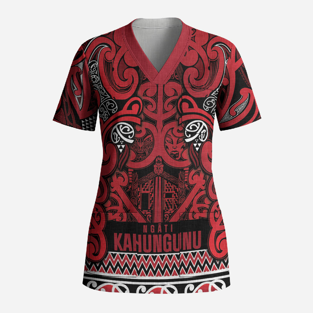 Aotearoa Iwi Ngati Kahungunu Scrub Top Maori Wharenui House Tribal Pattern