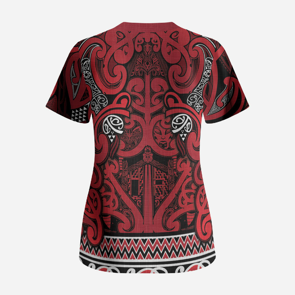 Aotearoa Iwi Ngati Kahungunu Scrub Top Maori Wharenui House Tribal Pattern