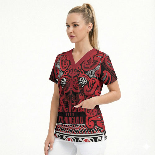 Aotearoa Iwi Ngati Kahungunu Scrub Top Maori Wharenui House Tribal Pattern