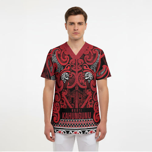Aotearoa Iwi Ngati Kahungunu Scrub Top Maori Wharenui House Tribal Pattern
