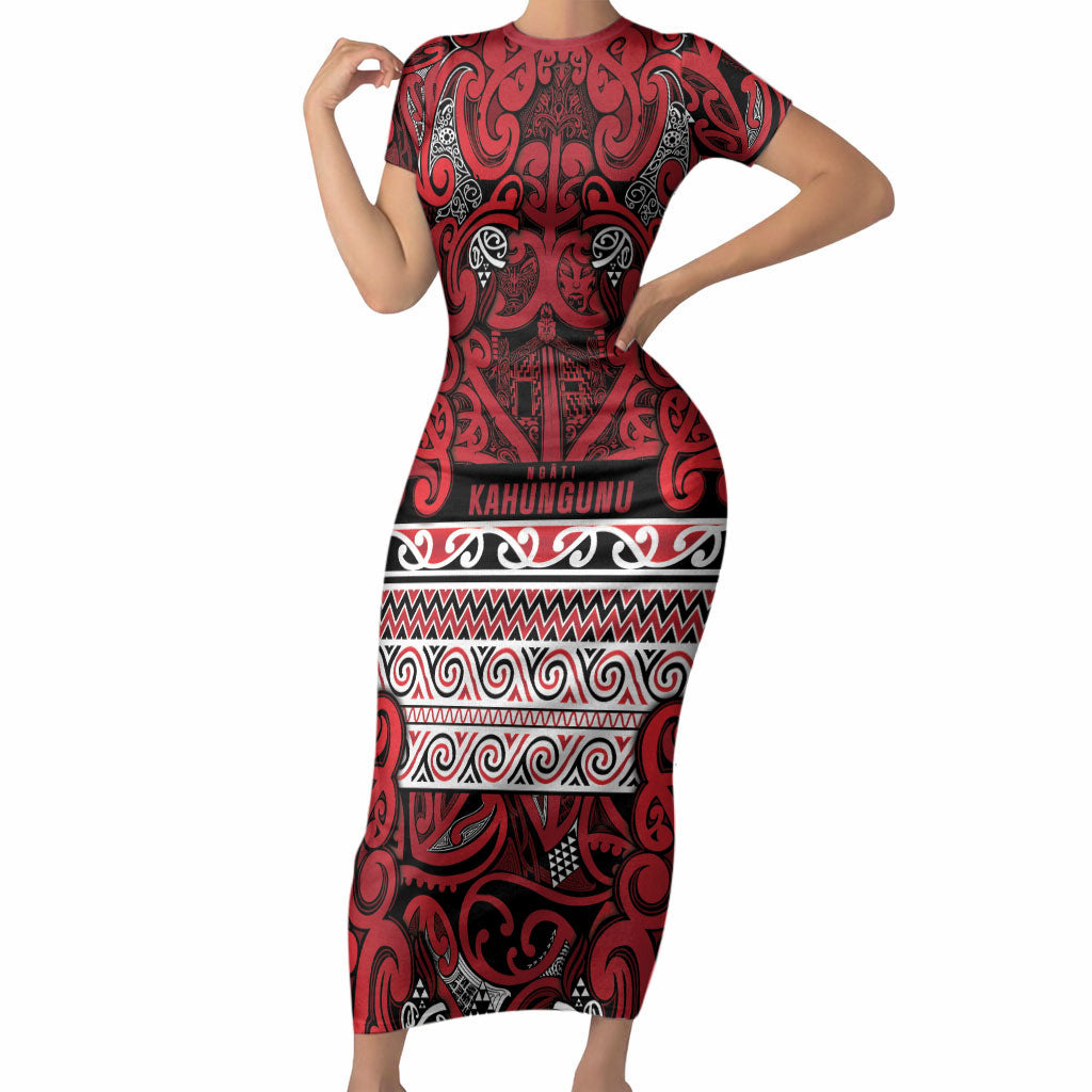 Aotearoa Iwi Ngati Kahungunu Short Sleeve Bodycon Dress Maori Wharenui House Tribal Pattern