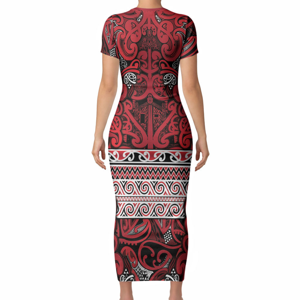 Aotearoa Iwi Ngati Kahungunu Short Sleeve Bodycon Dress Maori Wharenui House Tribal Pattern