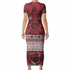 Aotearoa Iwi Ngati Kahungunu Short Sleeve Bodycon Dress Maori Wharenui House Tribal Pattern