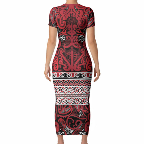 Aotearoa Iwi Ngati Kahungunu Short Sleeve Bodycon Dress Maori Wharenui House Tribal Pattern