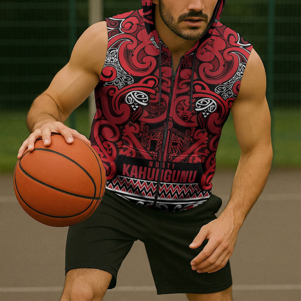 Aotearoa Iwi Ngati Kahungunu Sleeveless Zip Hoodie Maori Wharenui House Tribal Pattern