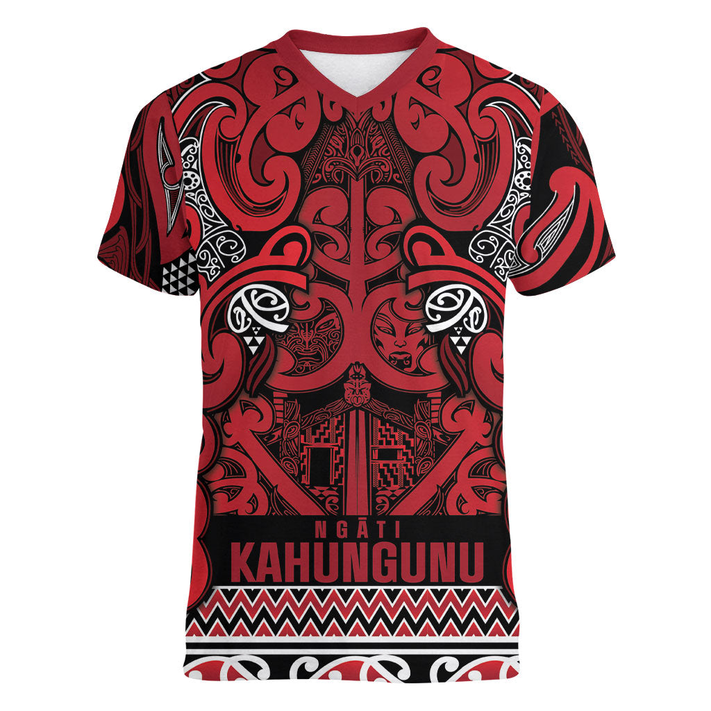 Aotearoa Iwi Ngati Kahungunu Women V-Neck T-Shirt Maori Wharenui House Tribal Pattern