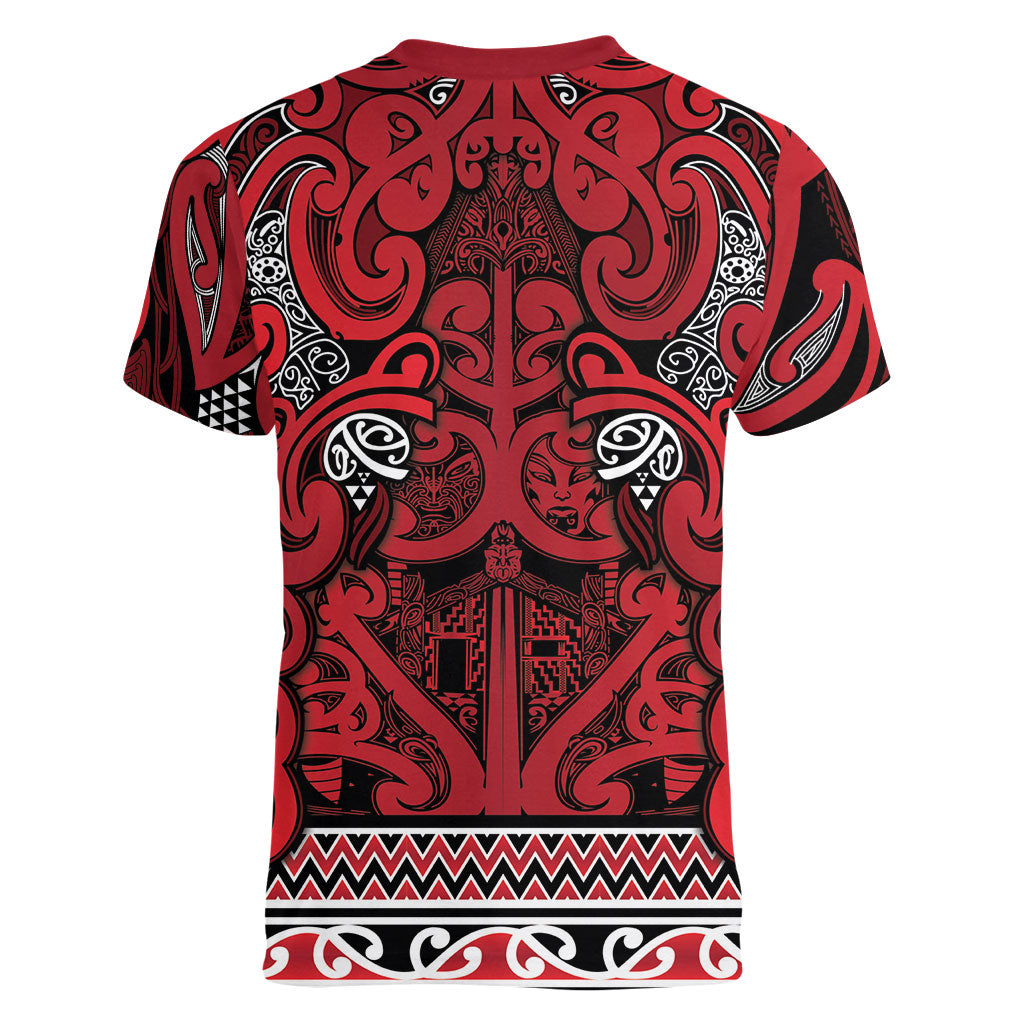 Aotearoa Iwi Ngati Kahungunu Women V-Neck T-Shirt Maori Wharenui House Tribal Pattern