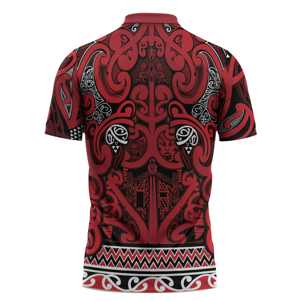 Aotearoa Iwi Ngati Kahungunu Zipper Polo Shirt Maori Wharenui House Tribal Pattern