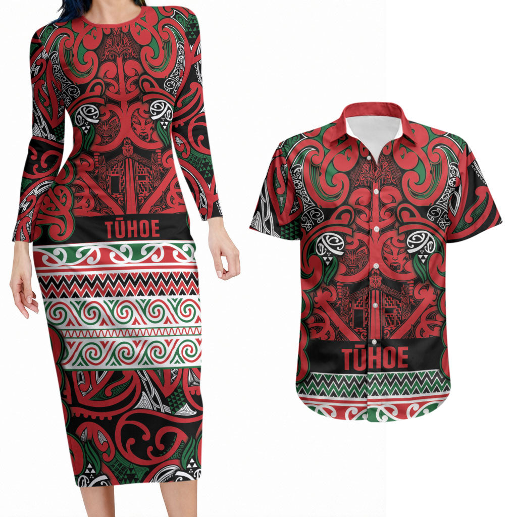 Aotearoa Iwi Tuhoe Couples Matching Long Sleeve Bodycon Dress and Hawaiian Shirt Maori Wharenui House Tribal Pattern