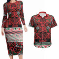 Aotearoa Iwi Tuhoe Couples Matching Long Sleeve Bodycon Dress and Hawaiian Shirt Maori Wharenui House Tribal Pattern