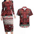 Aotearoa Iwi Tuhoe Couples Matching Long Sleeve Bodycon Dress and Hawaiian Shirt Maori Wharenui House Tribal Pattern