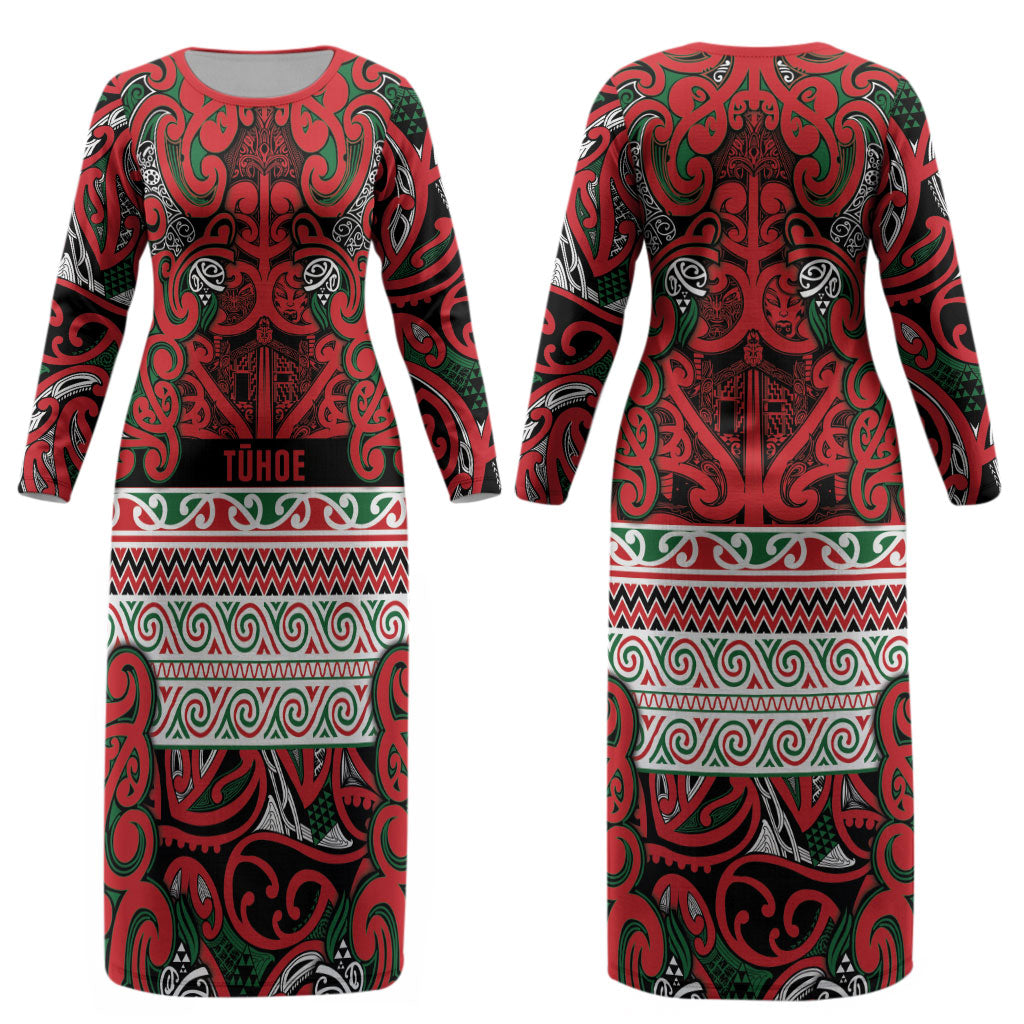 Aotearoa Iwi Tuhoe Couples Matching Long Sleeve Bodycon Dress and Hawaiian Shirt Maori Wharenui House Tribal Pattern