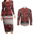 Aotearoa Iwi Tuhoe Couples Matching Long Sleeve Bodycon Dress and Long Sleeve Button Shirt Maori Wharenui House Tribal Pattern
