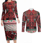 Aotearoa Iwi Tuhoe Couples Matching Long Sleeve Bodycon Dress and Long Sleeve Button Shirt Maori Wharenui House Tribal Pattern
