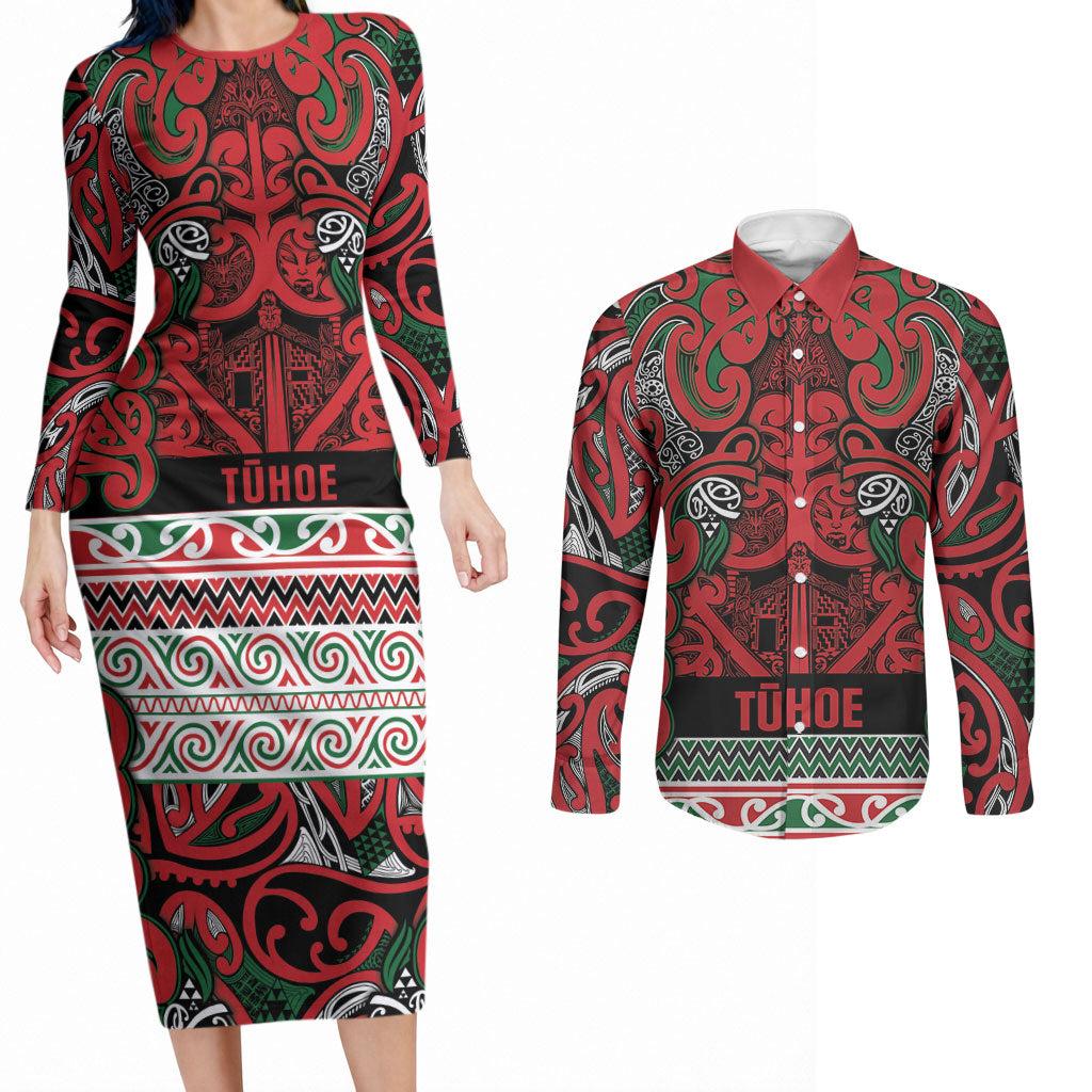 Aotearoa Iwi Tuhoe Couples Matching Long Sleeve Bodycon Dress and Long Sleeve Button Shirt Maori Wharenui House Tribal Pattern