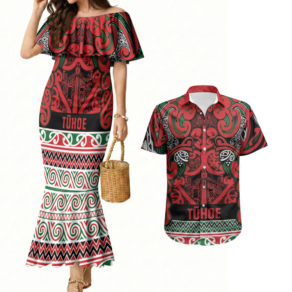Aotearoa Iwi Tuhoe Couples Matching Mermaid Dress and Hawaiian Shirt Maori Wharenui House Tribal Pattern
