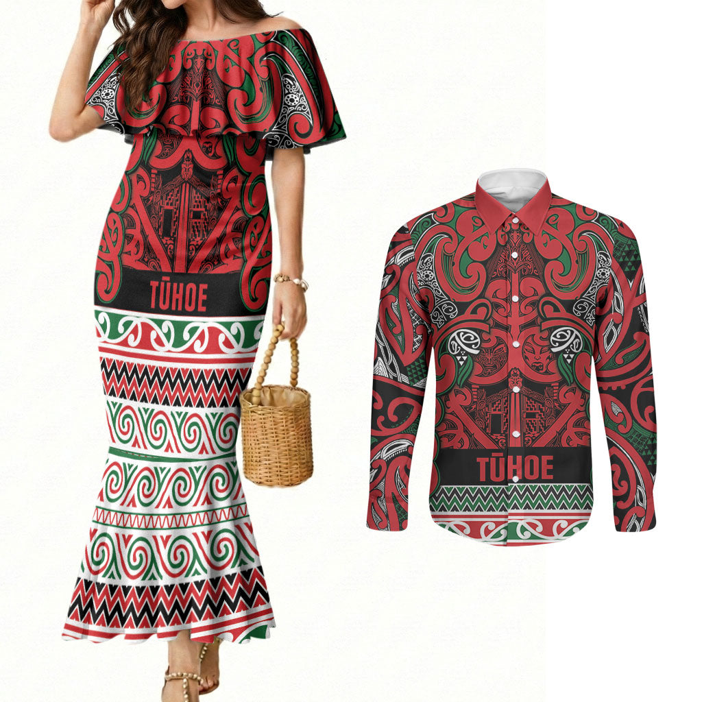 Aotearoa Iwi Tuhoe Couples Matching Mermaid Dress and Long Sleeve Button Shirt Maori Wharenui House Tribal Pattern