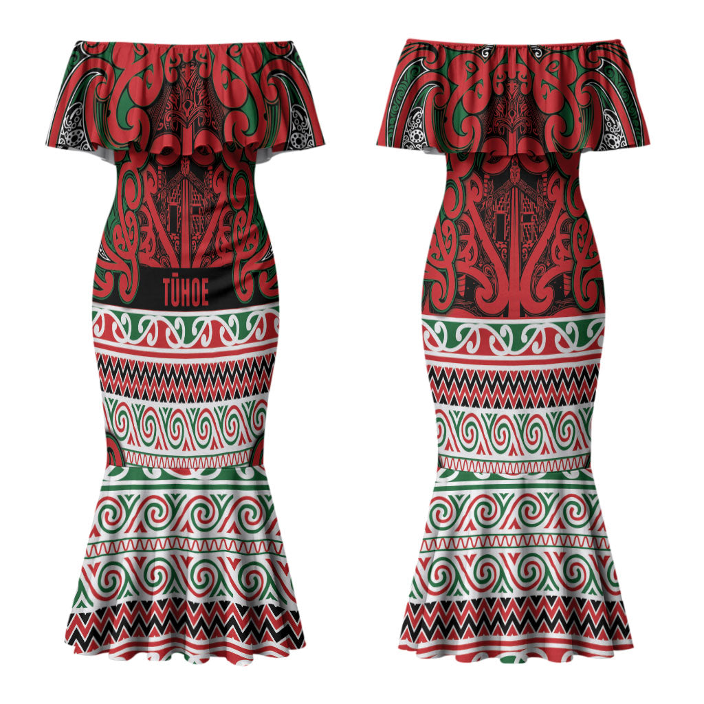 Aotearoa Iwi Tuhoe Couples Matching Mermaid Dress and Long Sleeve Button Shirt Maori Wharenui House Tribal Pattern