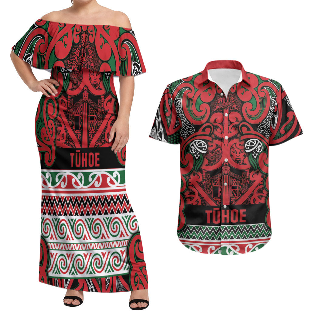 Aotearoa Iwi Tuhoe Couples Matching Off Shoulder Maxi Dress and Hawaiian Shirt Maori Wharenui House Tribal Pattern