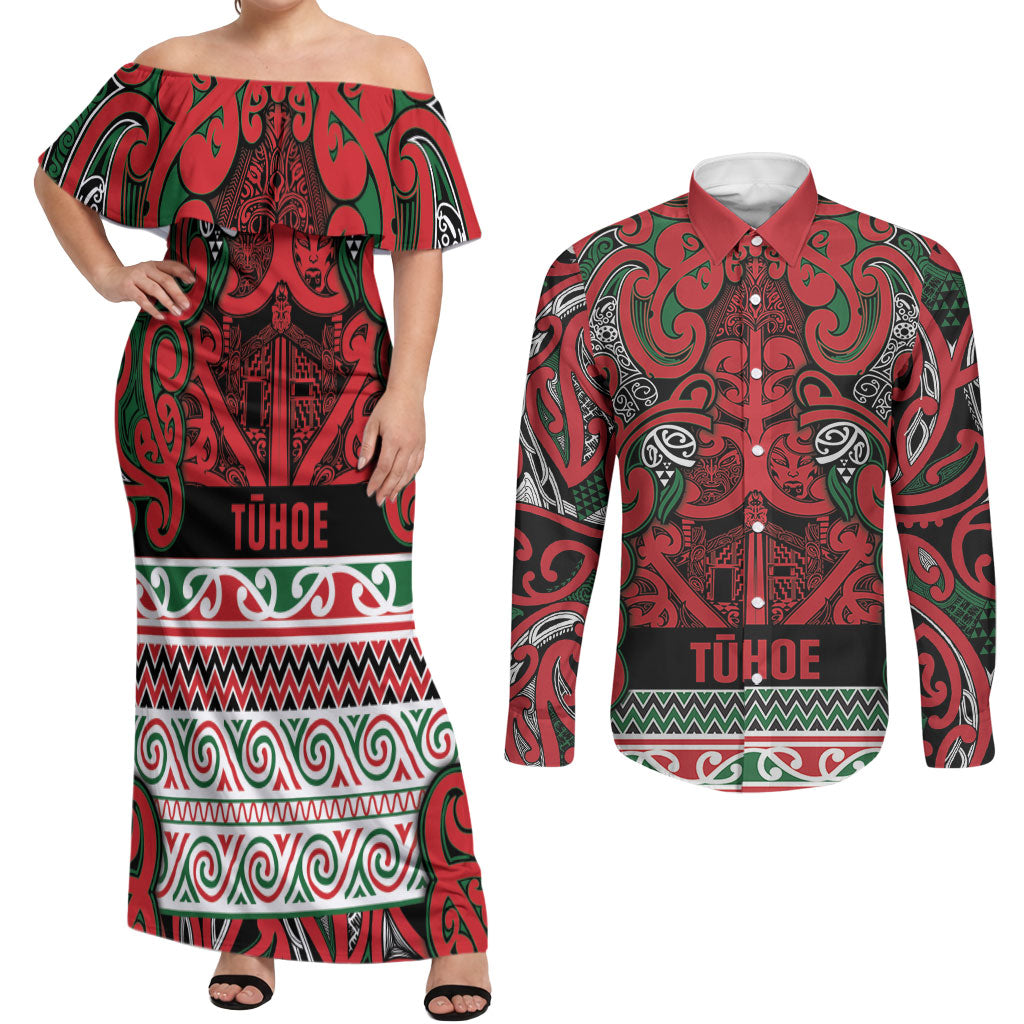Aotearoa Iwi Tuhoe Couples Matching Off Shoulder Maxi Dress and Long Sleeve Button Shirt Maori Wharenui House Tribal Pattern