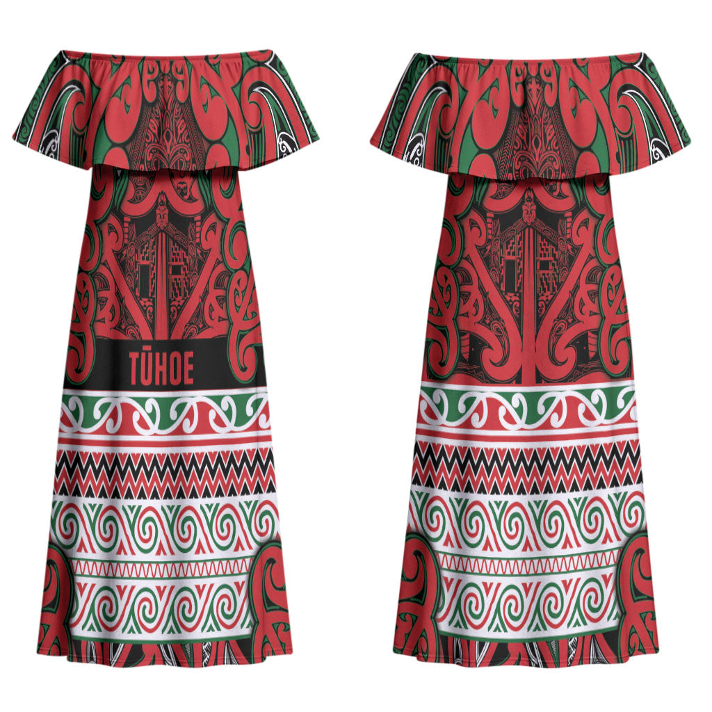 Aotearoa Iwi Tuhoe Couples Matching Off Shoulder Maxi Dress and Long Sleeve Button Shirt Maori Wharenui House Tribal Pattern