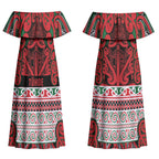 Aotearoa Iwi Tuhoe Couples Matching Off Shoulder Maxi Dress and Long Sleeve Button Shirt Maori Wharenui House Tribal Pattern