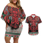 Aotearoa Iwi Tuhoe Couples Matching Off Shoulder Short Dress and Hawaiian Shirt Maori Wharenui House Tribal Pattern