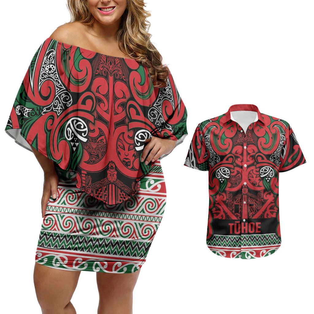 Aotearoa Iwi Tuhoe Couples Matching Off Shoulder Short Dress and Hawaiian Shirt Maori Wharenui House Tribal Pattern