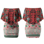 Aotearoa Iwi Tuhoe Couples Matching Off Shoulder Short Dress and Hawaiian Shirt Maori Wharenui House Tribal Pattern