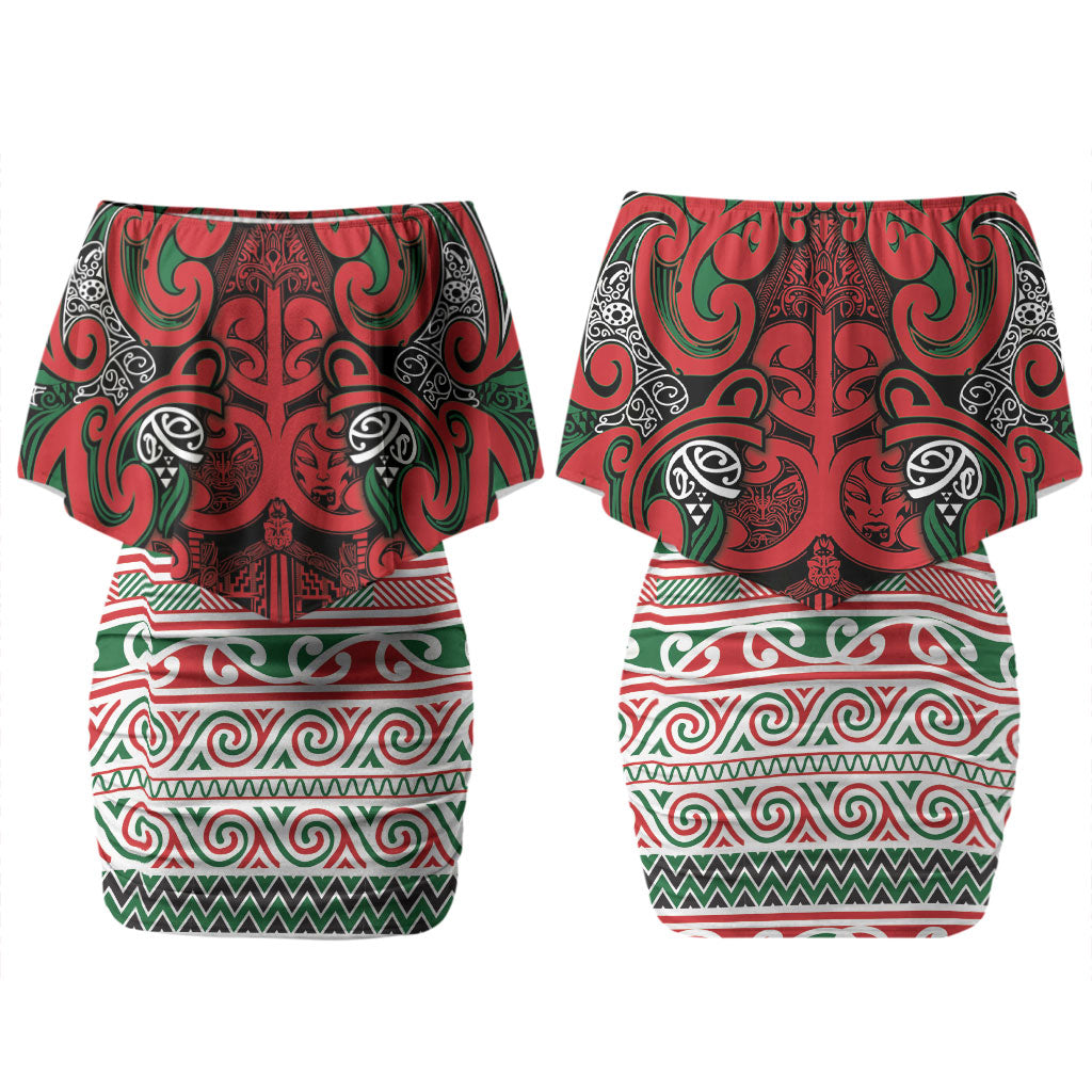 Aotearoa Iwi Tuhoe Couples Matching Off Shoulder Short Dress and Hawaiian Shirt Maori Wharenui House Tribal Pattern