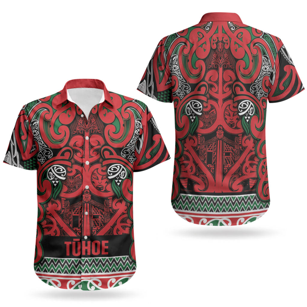 Aotearoa Iwi Tuhoe Couples Matching Off Shoulder Short Dress and Hawaiian Shirt Maori Wharenui House Tribal Pattern