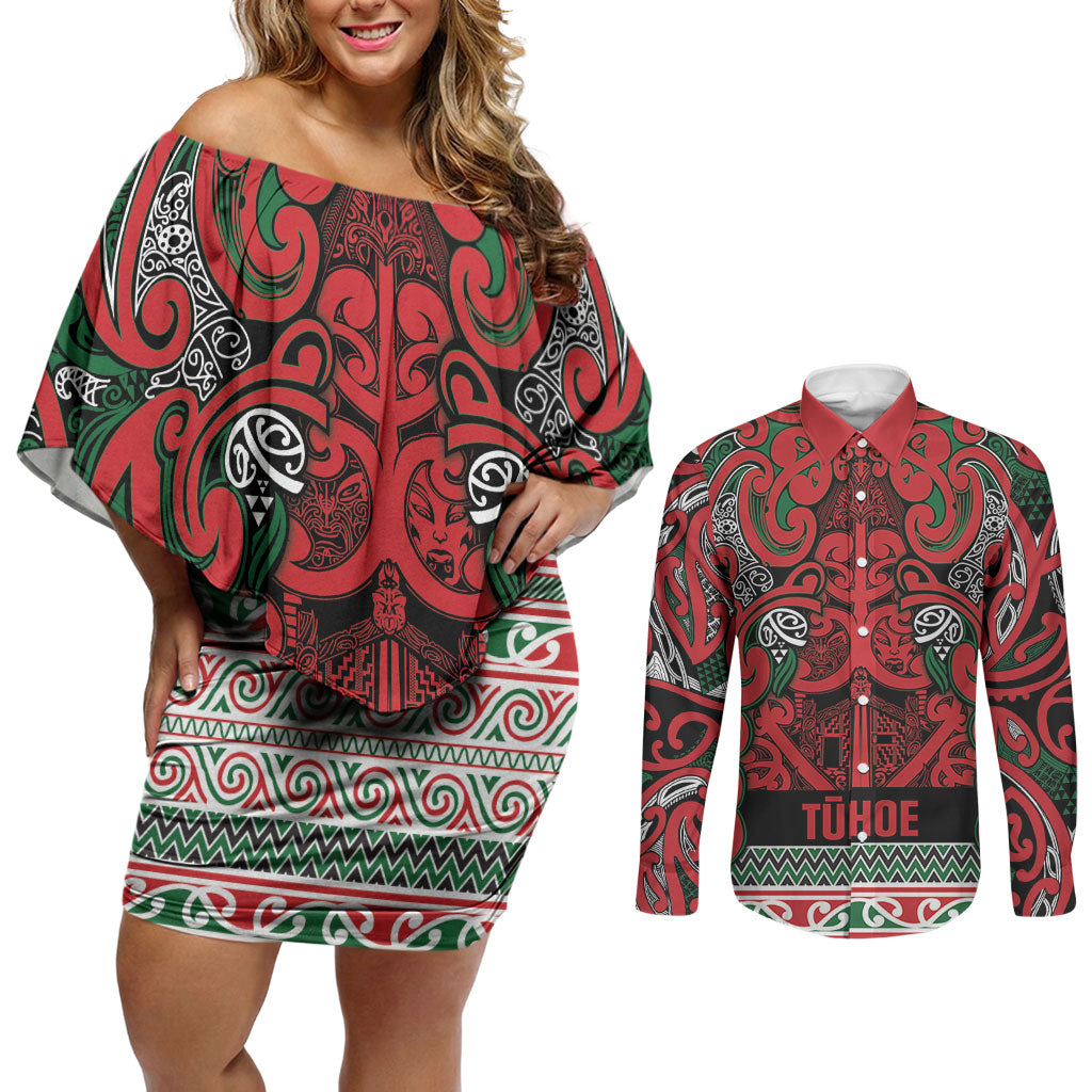 Aotearoa Iwi Tuhoe Couples Matching Off Shoulder Short Dress and Long Sleeve Button Shirt Maori Wharenui House Tribal Pattern