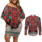 Aotearoa Iwi Tuhoe Couples Matching Off Shoulder Short Dress and Long Sleeve Button Shirt Maori Wharenui House Tribal Pattern