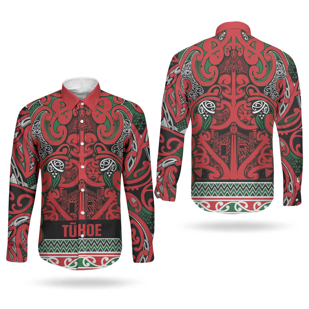 Aotearoa Iwi Tuhoe Couples Matching Off Shoulder Short Dress and Long Sleeve Button Shirt Maori Wharenui House Tribal Pattern