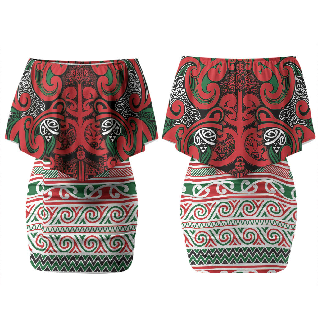 Aotearoa Iwi Tuhoe Couples Matching Off Shoulder Short Dress and Long Sleeve Button Shirt Maori Wharenui House Tribal Pattern