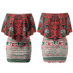 Aotearoa Iwi Tuhoe Couples Matching Off Shoulder Short Dress and Long Sleeve Button Shirt Maori Wharenui House Tribal Pattern