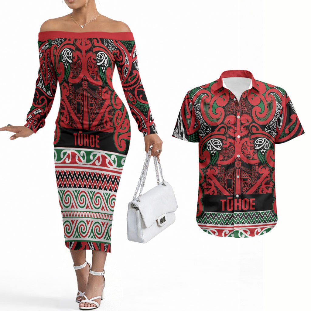 Aotearoa Iwi Tuhoe Couples Matching Off The Shoulder Long Sleeve Dress and Hawaiian Shirt Maori Wharenui House Tribal Pattern