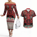 Aotearoa Iwi Tuhoe Couples Matching Off The Shoulder Long Sleeve Dress and Hawaiian Shirt Maori Wharenui House Tribal Pattern