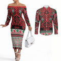 Aotearoa Iwi Tuhoe Couples Matching Off The Shoulder Long Sleeve Dress and Long Sleeve Button Shirt Maori Wharenui House Tribal Pattern