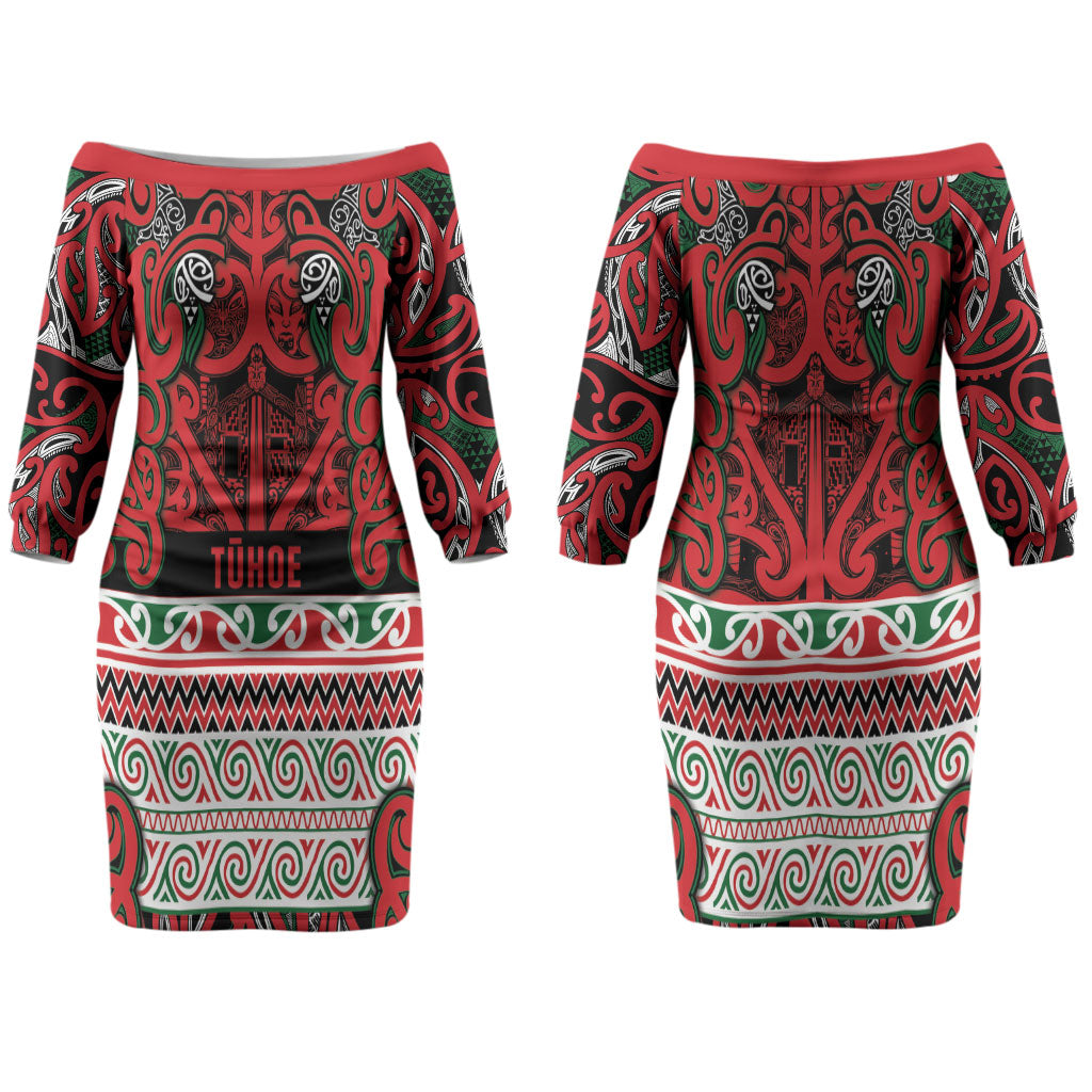 Aotearoa Iwi Tuhoe Couples Matching Off The Shoulder Long Sleeve Dress and Long Sleeve Button Shirt Maori Wharenui House Tribal Pattern
