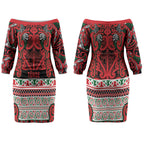 Aotearoa Iwi Tuhoe Couples Matching Off The Shoulder Long Sleeve Dress and Long Sleeve Button Shirt Maori Wharenui House Tribal Pattern