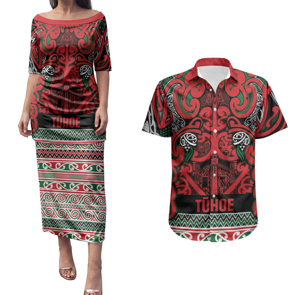 Aotearoa Iwi Tuhoe Couples Matching Puletasi and Hawaiian Shirt Maori Wharenui House Tribal Pattern