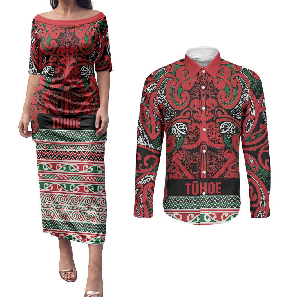 Aotearoa Iwi Tuhoe Couples Matching Puletasi and Long Sleeve Button Shirt Maori Wharenui House Tribal Pattern
