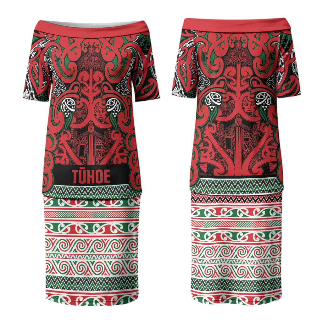 Aotearoa Iwi Tuhoe Couples Matching Puletasi and Long Sleeve Button Shirt Maori Wharenui House Tribal Pattern