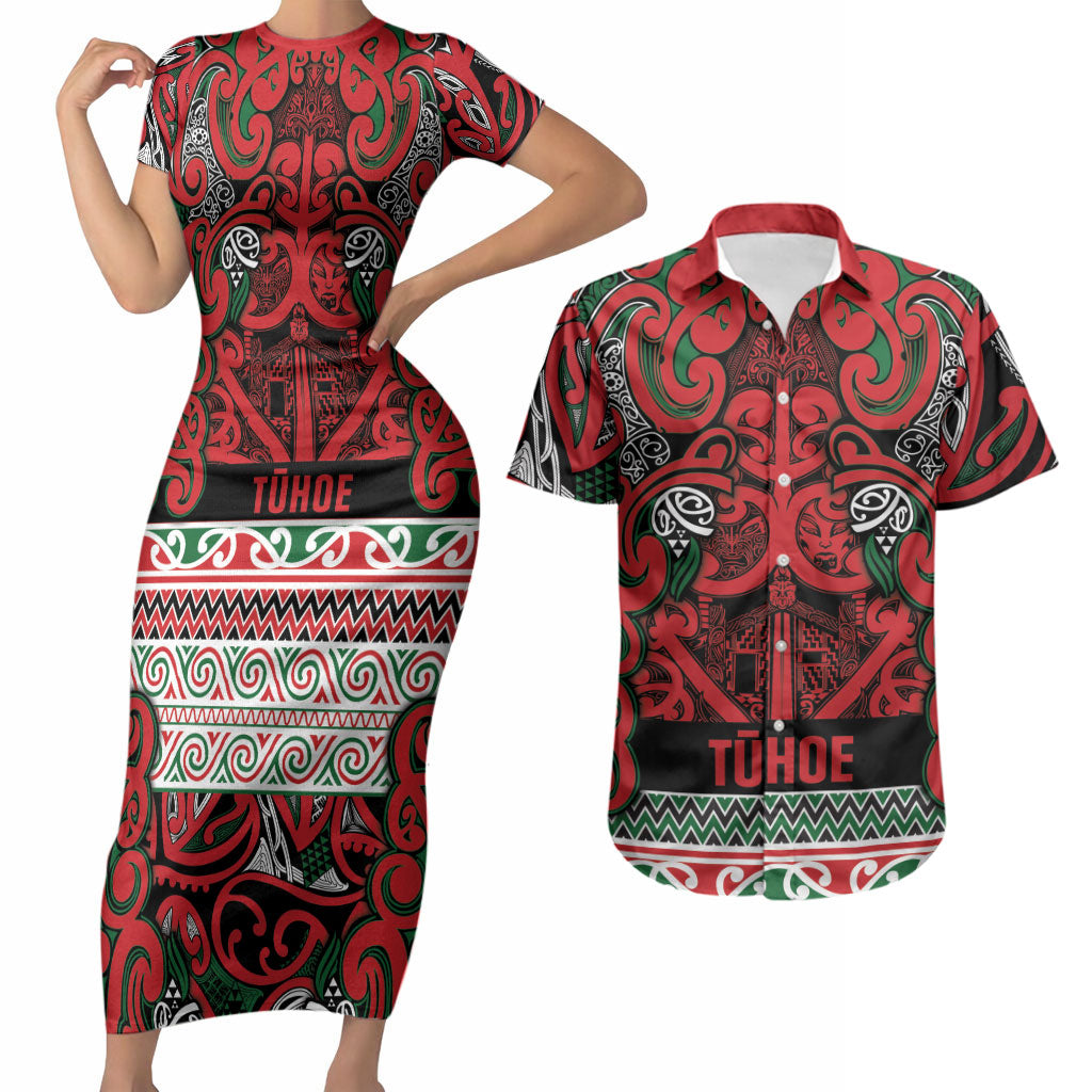 Aotearoa Iwi Tuhoe Couples Matching Short Sleeve Bodycon Dress and Hawaiian Shirt Maori Wharenui House Tribal Pattern