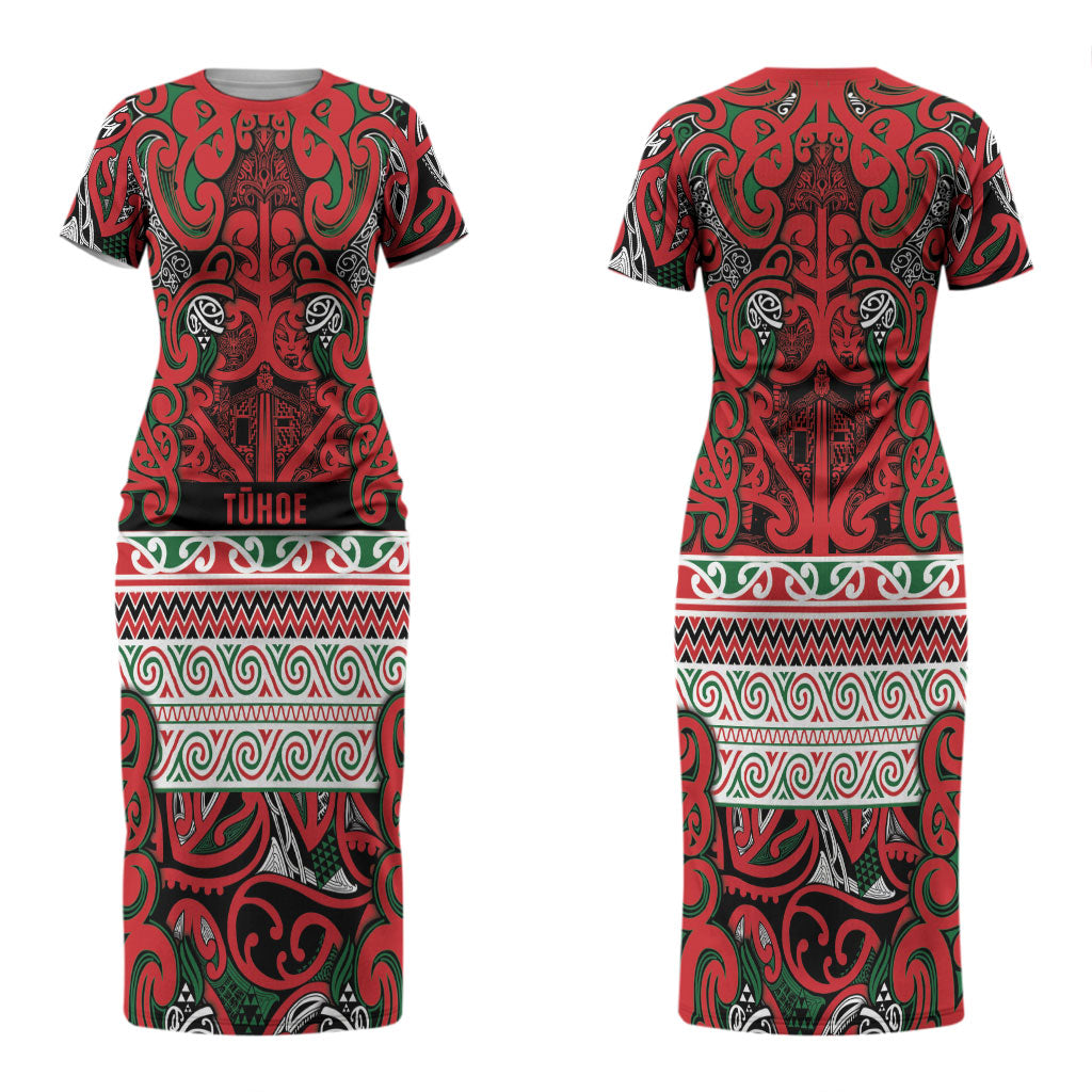 Aotearoa Iwi Tuhoe Couples Matching Short Sleeve Bodycon Dress and Hawaiian Shirt Maori Wharenui House Tribal Pattern