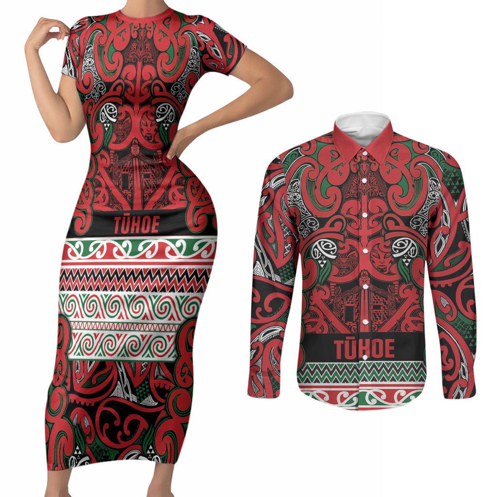 Aotearoa Iwi Tuhoe Couples Matching Short Sleeve Bodycon Dress and Long Sleeve Button Shirt Maori Wharenui House Tribal Pattern