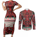 Aotearoa Iwi Tuhoe Couples Matching Short Sleeve Bodycon Dress and Long Sleeve Button Shirt Maori Wharenui House Tribal Pattern